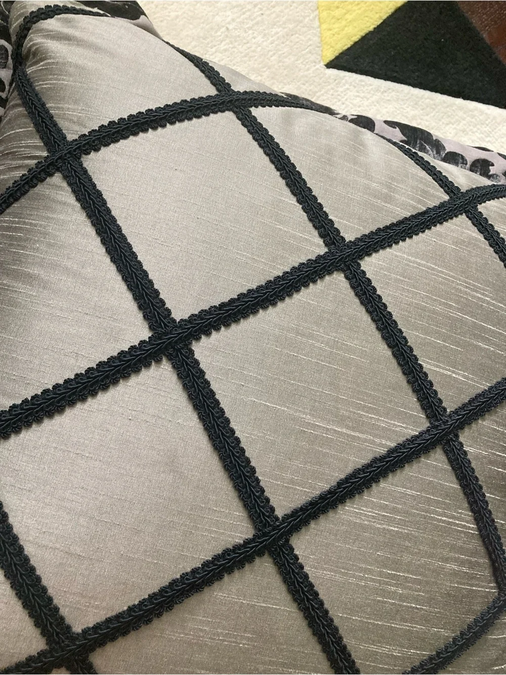 Frontgate Marmont Pewter Grey Velvet Damascus Black Lattice Throw Pillow 20”